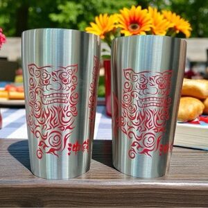 Haisai! Okinawa Tall Stainless Steel Tumbler Set Of 2 Komainu Japan 15oz New